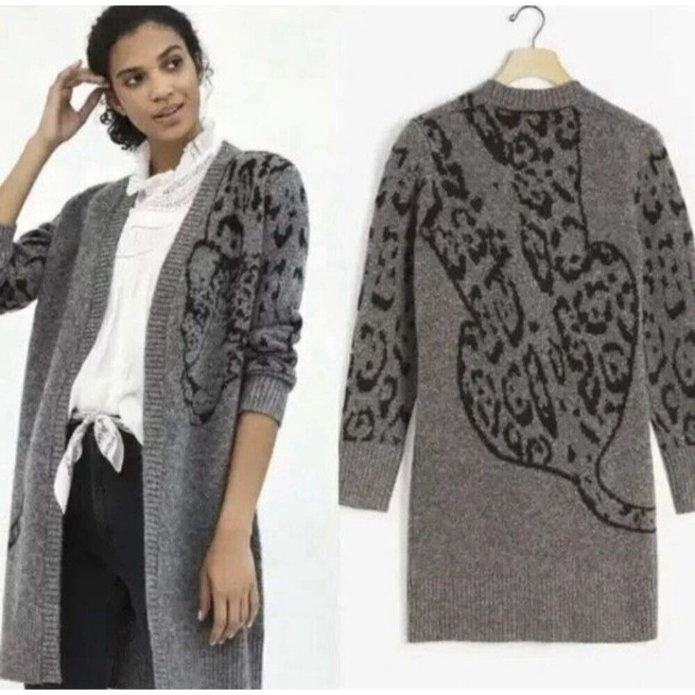 Anthropologie AVERIE LEOPARD XS Grey Black Open Cardigan Sweater Large - Picture 2 of 12